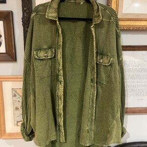 Free People Olive Green Overshirt Jacket - Casual Waffle Shirt We The Free